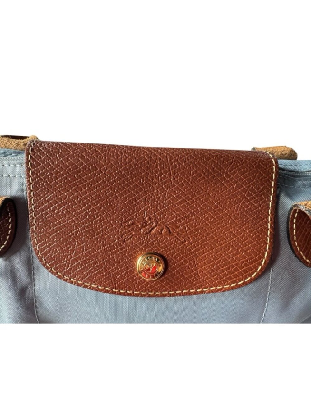Longchamp Le Pliage Womens Tote Bag Small Light Blue Brown Leather Long Straps - Picture 4 of 16